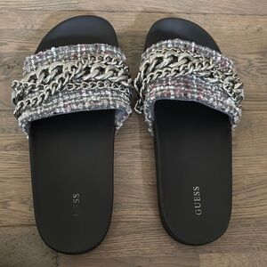 GUESS Salema Women's Black and Gray Chain Slide Sandals -Size 8M